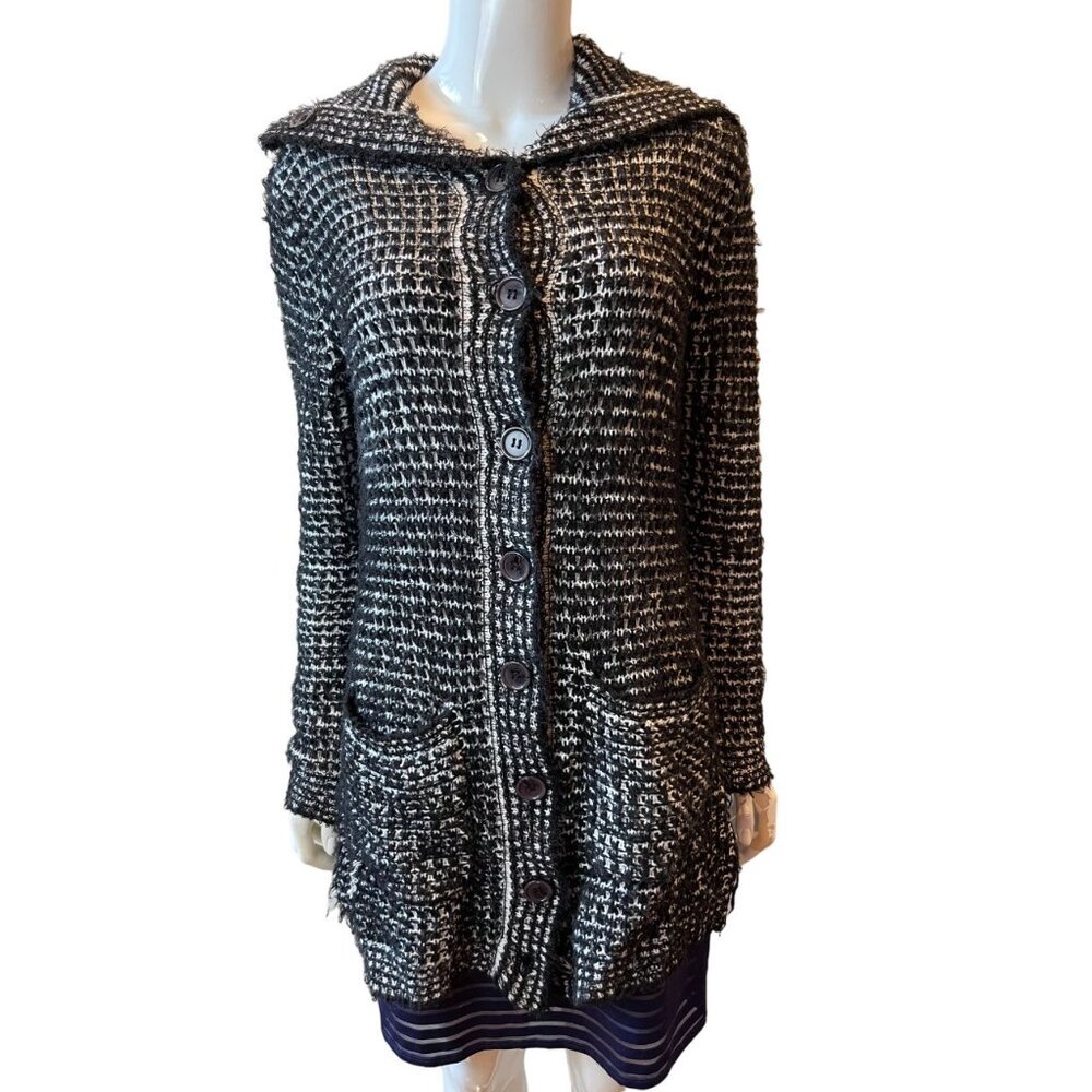 VIP Womens Cardigan Sweater Geometric Print Long Sleeve White Black Size Large